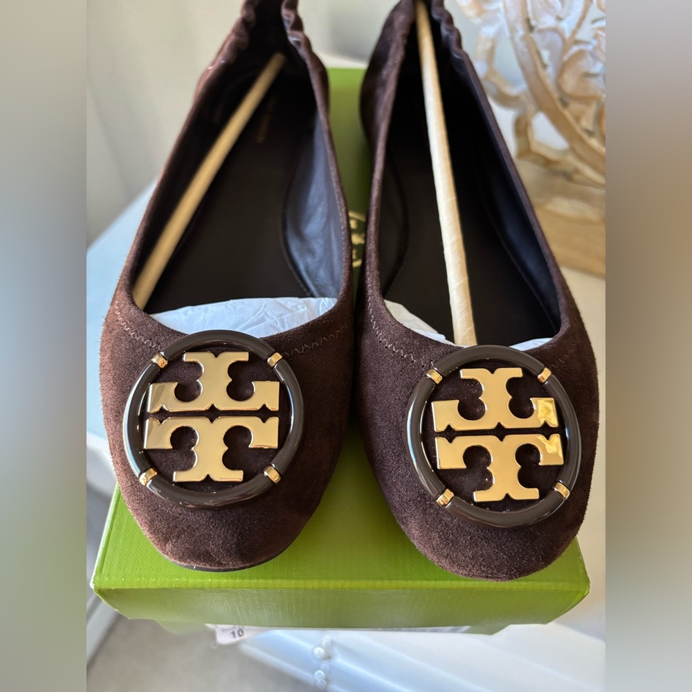 Tory Burch Ballet Sz 10 NEW Royal Suede Brown / Gold